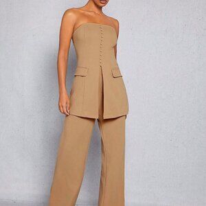Camel Elegant Women's Button Split Tube Top & Pants Set